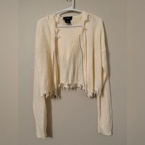 Cropped Open-Knit Distressed Cardigan in Cream